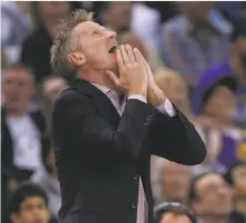  ?? Santiago Mejia / The Chronicle ?? Warriors head coach Steve Kerr reacts to a foul call during Golden State’s loss to New Orleans on Saturday night.