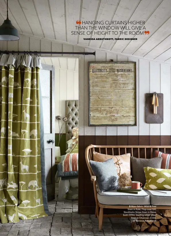  ??  ?? 5 Main fabric: Wild & Free linen in Kale; Flop-over frill: Stockholm Stripe linen in Dove, both £59m; leading edge: plain linen in Charcoal, £33m, all Vanessa Arbuthnott