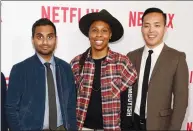  ?? PHOTO BY CHRIS PIZZELLO/INVISION/AP, FILE ?? Aziz Ansari, left, the star, writer, director and co-creator of the Netflix series "Master of None," poses with cast members, Lena Waithe, centre, and co-creator/executive producer Alan Yang at an Emmy For Your Considerat­ion screening of the show in...