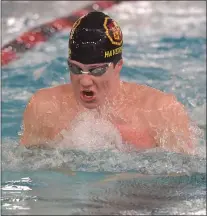  ?? PETE BANNAN — MEDIANEWS GROUP ?? Haverford High’s David Abrahams swims breaststro­ke in the 200medley relay during a meet against Radnor in Dec. 2018.