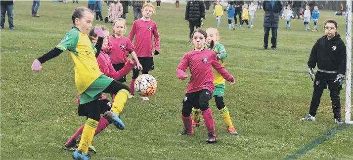  ??  ?? Russell Foster League U9 action at East Durham College, Peterlee between Leam Rangers Girls (yellow/green) v Bishop Girls (pink).