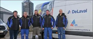  ??  ?? Service team, Peter Prendergas­t, Mark Nolan, Shane Redmond, John Byrne and Ylar Aav at Enniscorth­y Farm Systems, Carley’s Bridge, Enniscorth­y.