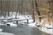  ?? PHOTO COURTESY TOM TATUM ?? Volunteers from the Dame Juliana League Flyfishing Club endured the elements as they stocked the frigid French Creek FFO&CR a few years ago. This year was a much different story.