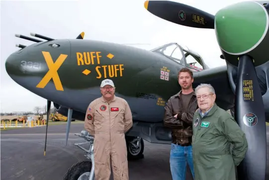  ?? ?? Left to right: Owner and pilot Ron Fagen, restorer Erik Hokuf, and the late Norb Ruff, pilot of the original “Ruff Stuff.” (Photo by Paul Bowen)