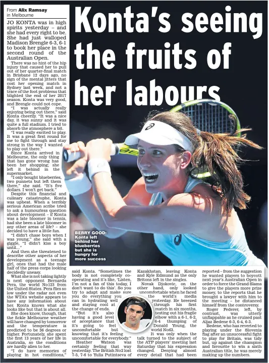  ?? Picture: CLIVE BRUNSKILL ?? BERRY GOOD: Konta left behind her blueberrie­s but she is hungry for more success