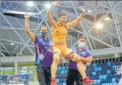  ?? TWITTER ?? An elated Priya Malik after winning gold in the World Cadet Wrestling Championsh­ip in Budapest, Hungary.