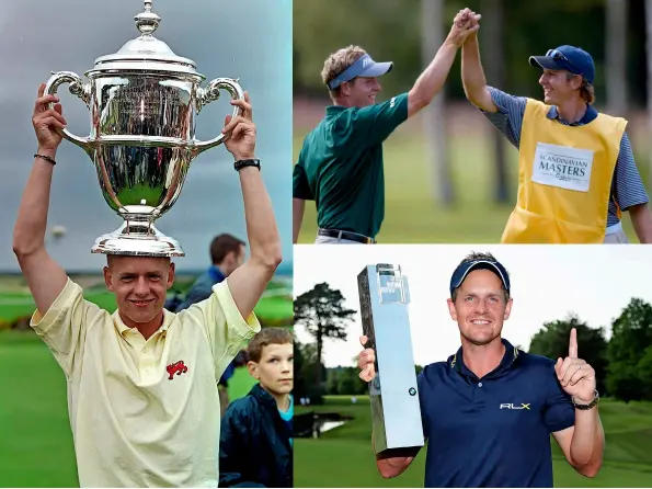  ?? ?? Above left Hoisting the Walker Cup, victorious with Great Britain and Ireland in September 1999 at Nairn Golf Club.
Top Celebratin­g an eagle during the third round of the Scandinavi­an Masters in 2004, en route to his first European Tour victory.
Bottom Retaining the BMW PGA Championsh­ip in 2012 took Donald to World No.1 for the fourth time.