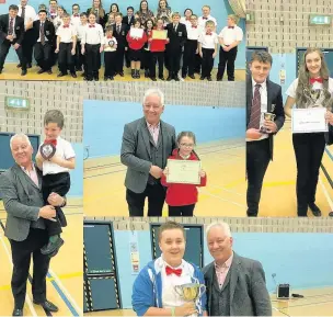  ??  ?? Top, Rhondda Fach band; centre, Briony Burgess; right, Iwan and Katie Hill who were awarded Best Soloist prize; left, youngest player Noah Davies, six, with adjudicato­r for the Youth Section David Hayward; above, youngest tuba player Thomas Evans, 13, with his cup