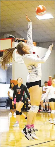  ?? Westside Eagle Observer file photo/RANDY MOLL ?? Gravette junior Keely Elsea hits one over the net during play against Gentry at Gravette’s volleyball gym earlier in the season.