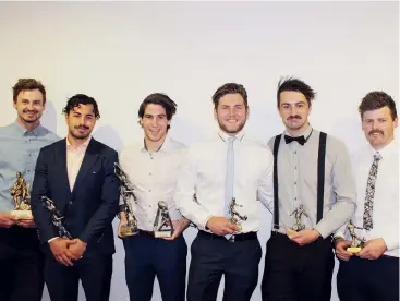  ??  ?? Senior football award winners were, from left Matt Rennie (runner up best and fairest), Nate Paredes (equal best and fairest), Kim Drew (equal best and fairest and Bobby Richardson rising star award), Brad Hefferd (most improved), Jake Hughes (most determined), James Davidson (best team player).