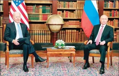  ??  ?? US President Joe Biden (left), and Russian President Vladimir Putin pose for media during their meeting at the ‘Villa la Grange’ in Geneva, Switzerlan­d, June 16. (AP)