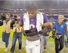  ?? KARL MERTON FERRON/BALTIMORE SUN ?? Lamar Jackson leaves the field after a 28-12 loss to the Titans in the playoffs last season. “I can’t really dwell on the playoffs,” Jackson said.