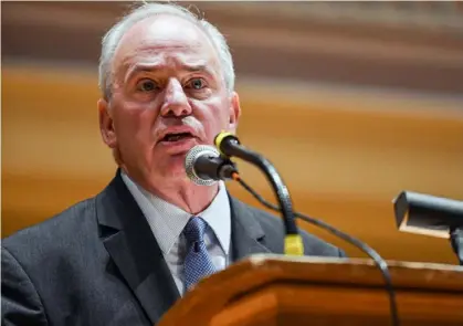  ?? Alexandra Wimley/Post-Gazette ?? U.S. Rep. Mike Doyle, D-Forest Hills, speaks during a town hall on climate change at Soldiers & Sailors Memorial Hall in August.