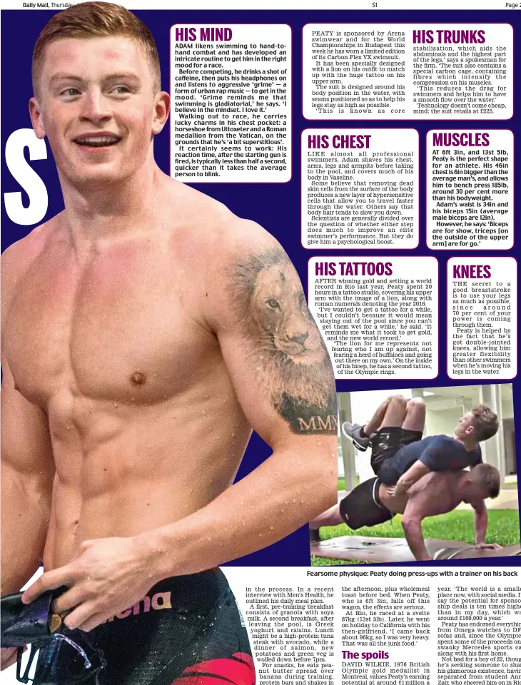  ??  ?? Fearsome physique: Peaty doing press-ups with a trainer on his back