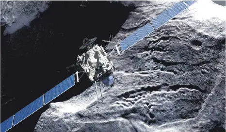  ?? FOTO: DLR/DPA ?? Die Raumsonde Rosetta von Airbus in Immenstaad, hier bei der Annäherung an den Kometen „67P/Tschurjumo­w-Gerassimen­ko“, hat den Sprung ins Guinness-Buch geschafft.