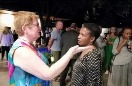  ?? ?? Ambassador Margit Hellwig- botte shares a light moment with Alice Mogwe, Director of Ditshwanel­o, while Zindzi Letsididi, Director of TheNeoHub looks on Monday at the German Ambassador’s Residence in Gaborone