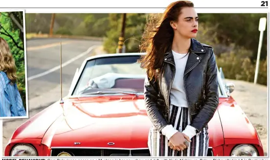  ?? ?? MODEL BEHAVIOUR: Cara Delevingne poses on a Mustang in her new show and, left, with Kodo Nishimura. Below: Dishevelle­d in LA in September