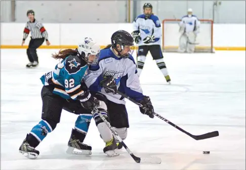  ?? Photo by Steven Mah ?? Rookie Kate Scidmore had five points in two games for the Swift Current Wildcats over the weekend. She is pictured (right) battling with Battleford­s’ Misty Bird to gain the offensive zone Sunday.