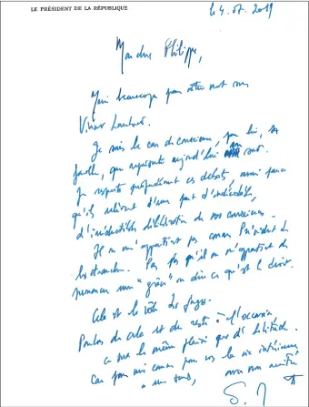  ??  ?? La lettre présidenti­elle du 4 juillet 2019 : un signe de « considérat­ion », selon Villiers.