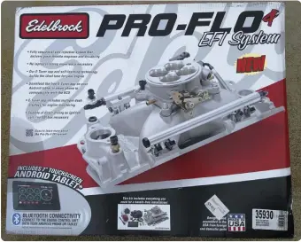  ??  ?? 01
Edelbrock packages everything in one complete box; the manifold is totally assembled with the injectors, fuel rail, sensors and air valve in place. Also included is the distributo­r, ECU, wiring, instructio­ns and even the Android tablet for tuning.