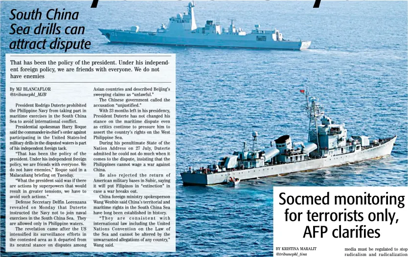  ?? AGENCE FRANCE-PRESSE ?? FILE photo shows China’s South Sea Fleet taking part in a drill in the South China Sea.