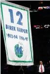  ?? ANDY JACOBSOHN / DALLAS MORNING NEWS ?? Former Mavericks star Derek Harper has his No. 12 jersey retired to the rafters of the American Airlines Center on Sunday in Dallas.