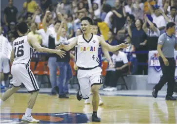  ?? PBA D-LEAGUE ?? Allan Mangahas (right) greets a colleague. Mangahas scored 15 points — 12 in the fourth quarter — to help Racal Tile Masters win against Café France Bakers during the semifinals on Tuesday, March 28.