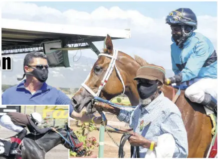  ?? (Photos: Naphtali Junior) ?? Trainer Robert Pearson (left) with his winning charge Princess
Lauren with jockey Dane Nelson in the saddle. The groom is Jacob Harris.