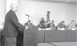  ?? CARLINE JEAN/STAFF PHOTOGRAPH­ER ?? Guy Grace, with the Littleton school district in Colorado, speaks during the Marjory Stoneman Douglas High School Public Safety Commission meeting at the BB&amp;T Center.