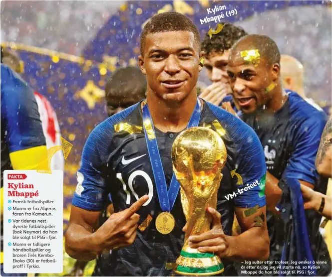  ??  ?? Kylian Mbappé(19) VM-trofeet – Jeg sulter etter trofeer. Jeg ønsker å vinne år etter år, og jeg vil starte nå, sa Kylian Mbappé da han ble solgt til PSG i fjor.