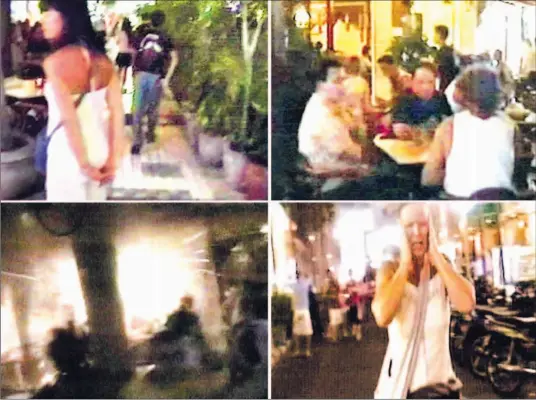  ?? REUTERS TV ?? Amateur video footage shows, top left and right: A man wearing black and carrying a backpack walking into a Bali restaurant and strolling among diners. A bomb explodes inside another Bali café, below left. Outside, a foreign tourist reacts to a blast...