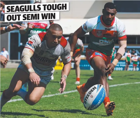  ?? Picture: AAP ?? TRY TIME: Jamil Hopoate (left) scores for the Redcliffe Dolphins in their Intrust Super Cup semi-final loss to Wynnum Manly yesterday.