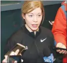  ?? The Associated Press ?? South Korean women’s hockey team head coach Sarah Murray speaks Tuesday at the Incehon Internatio­nal Airport in Incheon, South Korea as she returns from the team’s U.S. training camp.