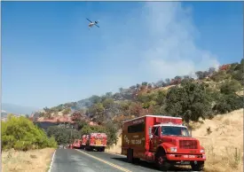  ?? RECORDER PHOTO BY CHIEKO HARA ?? A helicopter circles the Curve Fire before dropping water Friday on Reservatio­n Road near Dead Man's Curve.