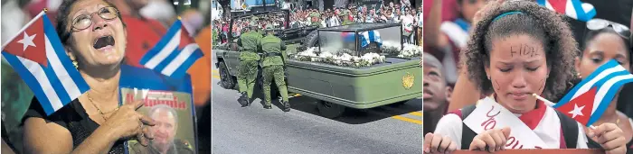  ?? FOTOS: AGENCIA AP ?? Una mujer llora desconsola­da en Santiago de Cuba tras la llegada de los restos del líder de la Revolución Cubana. El vehículo que llevaba las cenizas de Castro se apagó y tuvo que ser empujado por soldados. El pueblo les animaba. Los niños conocidos...