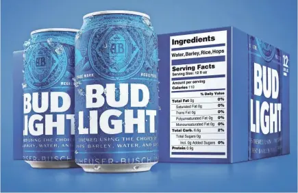  ?? ANHEUSER-BUSCH INBEV ?? Starting in February, Bud Light packaging will include nutrition labels and ingredient­s.