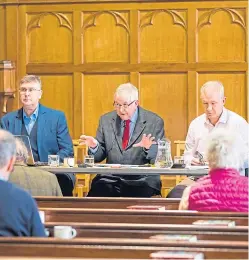  ?? Picture: Steve MacDougall. ?? Binn Group project manager Stuart Fraser, Beautiful Perth chairman John Summers and planning consultant Nick Roberts at a public consultati­on in Bridge of Earn in January.