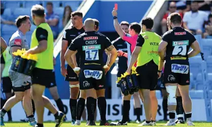  ?? Photograph: Alex Davidson/Getty Images ?? Referee Karl Dickson shows Sam Skinner of Exeter a red card against Sale at Sandy Park.