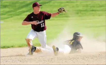  ?? ANNE NEBORAK — DIGITAL FIRST MEDIA ?? Interboro’s Zach Halliday dives back into second base as Chichester’s Joe Renzi (11) awaits a throw. Halliday drove in two runs, scored three times and came on in relief to pick up the save as the Bucs won, 11-10.