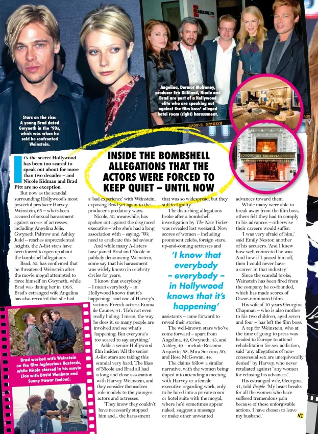  ??  ?? Angelina, Dermot Mulroney, producer Eric Gilliland, Nicole and Brad are part of a Hollywood elite who are speaking out against the film boss’ alleged hotel room (right) harassment.
