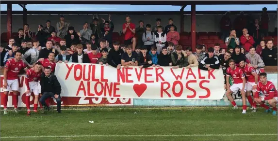  ??  ?? Sligo Rovers players join with fans in rememberin­g Ross McCarrick after last Saturday’s match against Cork City at The Showground­s. Ross was a big Rovers fan and watched the games with other young supporters from the Jinks’ Avenue stand (above).