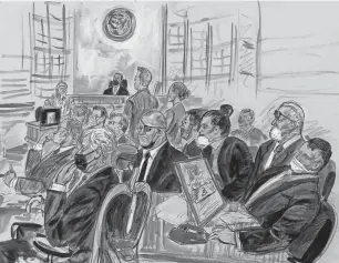  ?? DANA VERKOUTERE­N/AP ?? This artist’s sketch depicts the trial of Oath Keepers leader Stewart Rhodes and four others charged with seditious conspiracy in the Jan. 6, 2021, Capitol attack.