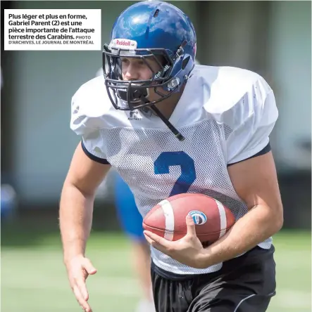  ?? PHOTO D’ARCHIVES, LE JOURNAL DE MONTRÉAL ?? Plus léger et plus en forme, Gabriel Parent (2) est une pièce importante de l’attaque terrestre des Carabins.