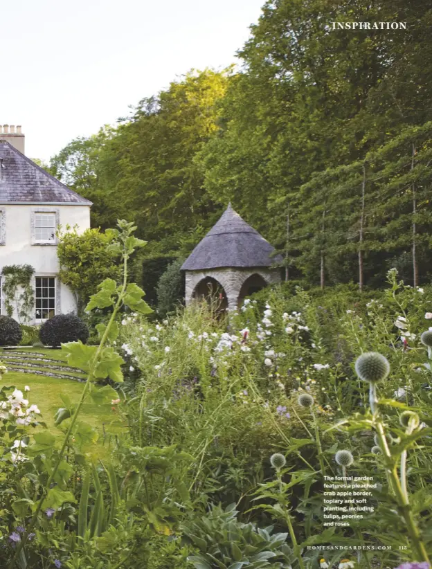  ??  ?? The formal garden features a pleached crab apple border, topiary and soft planting, including tulips, peonies and roses