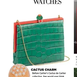  ??  ?? From top: Cactus de Cartier clutch; pink gold and diamond Cactus de Cartier ring, $29,000; pink gold, spinel and diamond Cactus de Cartier ring, $27,500, Cartier