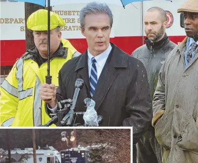  ?? STAFF PHOTOS BY CHRIS CHRISTO ?? ‘BE CAREFUL’: Worcester District Attorney Joseph D. Early Jr., above, gives an update yesterday on the grisly discovery of a mother and three children found dead in their West Brookfield home. At left, investigat­ors’ vehicles crowd the street.