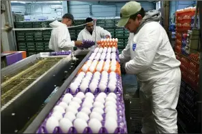  ?? (AP/Terry Chea) ?? A worker moves crates of eggs at the Sunrise Farms processing plant in Petaluma, Calif., which has seen an outbreak of avian flu in recent weeks, on Jan. 11.