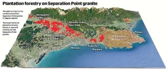  ??  ?? The bright red areas in this image show plantation forestry that is or was until recently on Separation Point granite.