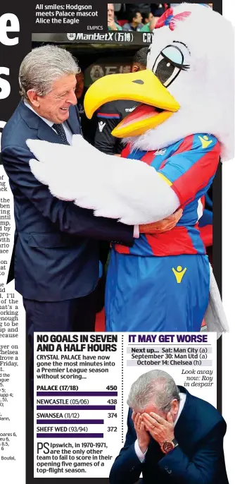  ?? EMPICS ?? All smiles: Hodgson meets Palace mascot Alice the Eagle