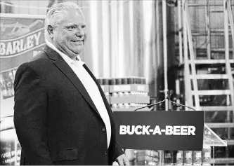  ?? LARS HAGBERG THE CANADIAN PRESS FILE PHOTO ?? Ontario Premier Doug Ford arrives for the buck-a-beer plan announceme­nt at Barley Days brewery in Picton, Aug. 7. Juergen Rehm of Toronto’s Centre for Addiction and Mental Health said one of the ways Canada can avoid a decline in life expectancy is to not make alcohol cheap.